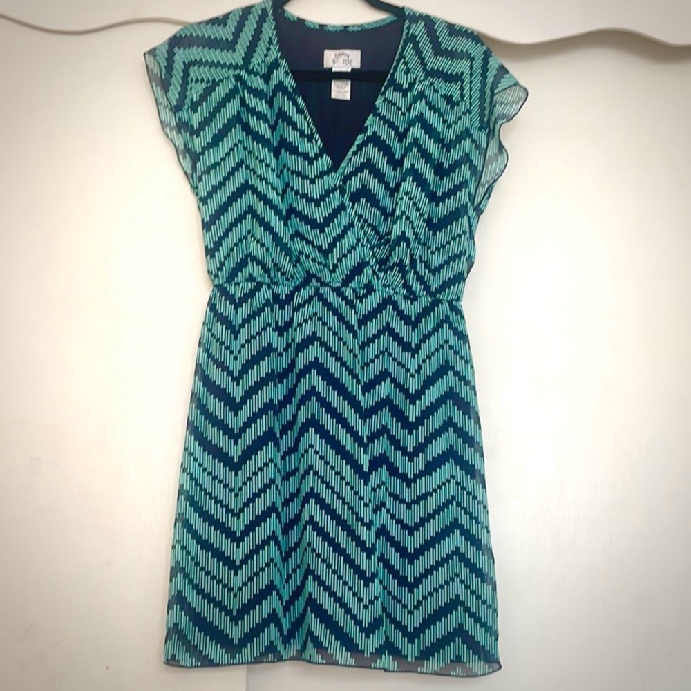 Chevron Patterned Dress in Light Blue Green and Navy